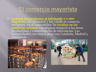  Compra los productos al fabricante o a otro
mayorista, los almacena y los vende al comercio
minorista, no al consumidor. Se localiza en las
periferias urbanas estratégicas respecto a las áreas
productoras y consumidoras de mercancías. Las
comunidades con mayor peso son Cataluña, Madrid y
Andalucía
 
