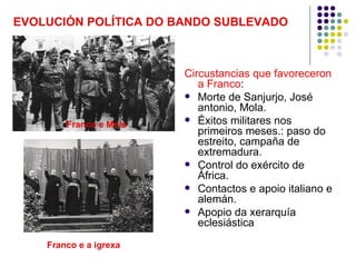 EVOLUCIÓN POLÍTICA DO BANDO SUBLEVADO



                        Circustancias que favoreceron
                           a Franco:
                         Morte de Sanjurjo, José
                           antonio, Mola.
                         Éxitos militares nos
        Franco e Mola
                           primeiros meses.: paso do
                           estreito, campaña de
                           extremadura.
                         Control do exército de
                           África.
                         Contactos e apoio italiano e
                           alemán.
                         Apopio da xerarquía
                           eclesiástica
    Franco e a igrexa
 