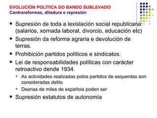 EVOLUCIÓN POLÍTICA DO BANDO SUBLEVADO
Contrareformas, ditadura e represión

   Supresión de toda a lexislación social republicana:
    (salarios, xornada laboral, divorcio, educación etc)
   Supresión da reforma agraria e devolución de
    terras.
   Prohibición partidos políticos e sindicatos.
   Lei de responsabilidades políticas con carácter
    retroactivo dende 1934.
       As actividades realizadas polos partidos de esquerdas son
        consideradas delito
       Deenas de miles de españois poden ser
   Supresión estatutos de autonomía
 