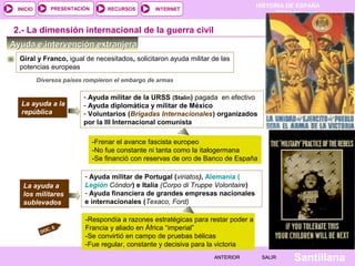 INICIO

PRESENTACIÓN

RECURSOS

HISTORIA DE ESPAÑA
TEMA 14

INTERNET

2.- La dimensión internacional de la guerra civil
Ayuda e intervención extranjera
Giral y Franco, igual de necesitados, solicitaron ayuda militar de las
potencias europeas
Diversos países rompieron el embargo de armas

La ayuda a la
república

- Ayuda militar de la URSS (Stalin) pagada en efectivo
- Ayuda diplomática y militar de México
- Voluntarios (Brigadas Internacionales) organizados
por la III Internacional comunista
-Frenar el avance fascista europeo
-No fue constante ni tanta como la italogermana
-Se financió con reservas de oro de Banco de España

La ayuda a
los militares
sublevados

C. 6
DO

- Ayuda militar de Portugal (viriatos), Alemania (
Legión Cóndor) e Italia (Corpo di Truppe Volontaire)
- Ayuda financiera de grandes empresas nacionales
e internacionales (Texaco, Ford)
-Respondía a razones estratégicas para restar poder a
Francia y aliado en África “imperial”
-Se convirtió en campo de pruebas bélicas
-Fue regular, constante y decisiva para la victoria
ANTERIOR

SALIR

Santillana

 