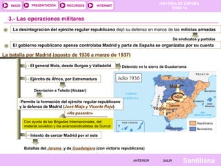 INICIO

PRESENTACIÓN

RECURSOS

HISTORIA DE ESPAÑA
TEMA 14

INTERNET

3.- Las operaciones militares
La desintegración del ejército regular republicano dejó su defensa en manos de las milicias armadas
De sindicatos y partidos

El gobierno republicano apenas controlaba Madrid y parte de España se organizaba por su cuenta

La batalla por Madrid (agosto de 1936 a marzo de 1937)
- El general Mola, desde Burgos y Valladolid

Detenido en la sierra de Guadarrama

- Ejército de África, por Extremadura

Mola

Desviación a Toledo (Alcázar)

-Permite la formación del ejército regular republicano
y la defensa de Madrid (José Miaja y Vicente Rojo)

Yagüe

Toledo

«No pasarán»
Con ayuda de las Brigadas Internacionales, del
material soviético y los anarcosindicalistas de Durruti

- Intento de cercar Madrid por el este
Batallas del Jarama y de Guadalajara (con victoria republicana)
ANTERIOR

SALIR

Santillana

 