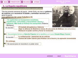 INICIO

PRESENTACIÓN

RECURSOS

HISTORIA DE ESPAÑA
TEMA 14

INTERNET

4.- La España republicana
Las luchas internas en la España republicana
Tras las primeras semanas de guerra, dimite Giral y se crea un gobierno
de coalición para reconstruir el Estado y centralizar recursos para
ganar la guerra

Los gobiernos de Largo Caballero (4)
- En septiembre se incorporaron socialistas,

republicanos, comunistas y nacionalistas vascos y
catalanes. Más tarde lo hicieron los anarquistas (Federica
Montseny)
-El traslado del gobierno a Valencia
Se decidió
-Dejar la defensa de Madrid en manos de una Junta de Defensa ( de comunistas)
-Restaurar el poder central y frenar la revolución
- Era prioritario formar un Ejército Popular de la república y un nuevo Estado Mayor Central

Se decidió

-La militarización (abolición) de las milicias
-Control del orden interior para finalizar con el terror y la represión incontrolada

Sin embargo
- Se avanzó poco en reconstruir un poder único

ANTERIOR

SALIR

Santillana

 