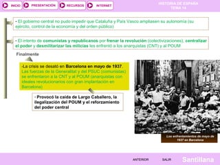 INICIO

PRESENTACIÓN

RECURSOS

HISTORIA DE ESPAÑA
TEMA 14

INTERNET

- El gobierno central no pudo impedir que Cataluña y País Vasco ampliasen su autonomía (su
ejército, control de la economía y del orden público)
- El intento de comunistas y republicanos por frenar la revolución (colectivizaciones), centralizar
el poder y desmilitarizar las milicias les enfrentó a los anarquistas (CNT) y al POUM
Finalmente
-La crisis se desató en Barcelona en mayo de 1937.

Las fuerzas de la Generalitat y del PSUC (comunistas)
se enfrentaron a la CNT y al POUM (anarquistas con
ideales revolucionarios con gran implantación en
Barcelona)
- Provocó la caída de Largo Caballero, la

ilegalización del POUM y el reforzamiento
del poder central

Los enfrentamientos de mayo de
1937 en Barcelona

ANTERIOR

SALIR

Santillana

 