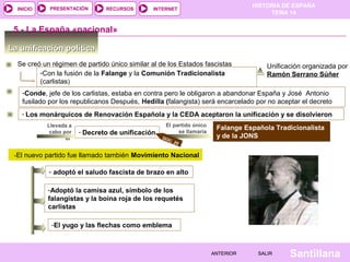INICIO

PRESENTACIÓN

RECURSOS

HISTORIA DE ESPAÑA
TEMA 14

INTERNET

5.- La España «nacional»
La unificación política
Se creó un régimen de partido único similar al de los Estados fascistas
-Con la fusión de la Falange y la Comunión Tradicionalista
(carlistas)

Unificación organizada por
Ramón Serrano Súñer

-Conde, jefe de los carlistas, estaba en contra pero le obligaron a abandonar España y José Antonio
fusilado por los republicanos Después, Hedilla (falangista) será encarcelado por no aceptar el decreto
- Los monárquicos de Renovación Española y la CEDA aceptaron la unificación y se disolvieron
Llevada a
cabo por
el

- Decreto de unificación

El partido único
se llamaría
DO
C. 2
0

Falange Española Tradicionalista
y de la JONS

-El nuevo partido fue llamado también Movimiento Nacional

- adoptó el saludo fascista de brazo en alto
-Adoptó la camisa azul, símbolo de los
falangistas y la boina roja de los requetés
carlistas
-El yugo y las flechas como emblema

ANTERIOR

SALIR

Santillana

 