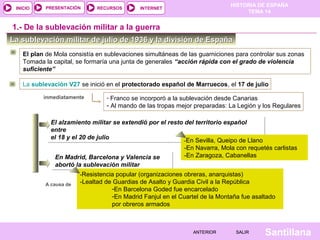 INICIO

PRESENTACIÓN

RECURSOS

HISTORIA DE ESPAÑA
TEMA 14

INTERNET

1.- De la sublevación militar a la guerra
La sublevación militar de julio de 1936 y la división de España
El plan de Mola consistía en sublevaciones simultáneas de las guarniciones para controlar sus zonas
Tomada la capital, se formaría una junta de generales “acción rápida con el grado de violencia
suficiente”
La sublevación V27 se inició en el protectorado español de Marruecos, el 17 de julio
inmediatamente

- Franco se incorporó a la sublevación desde Canarias

- Al mando de las tropas mejor preparadas: La Legión y los Regulares
El alzamiento militar se extendió por el resto del territorio español
entre
el 18 y el 20 de julio
-En Sevilla, Queipo de Llano
-En Navarra, Mola con requetés carlistas
-En Zaragoza, Cabanellas

En Madrid, Barcelona y Valencia se
abortó la sublevación militar
-Resistencia popular (organizaciones obreras, anarquistas)
-Lealtad de Guardias de Asalto y Guardia Civil a la República
A causa de
-En Barcelona Goded fue encarcelado
-En Madrid Fanjul en el Cuartel de la Montaña fue asaltado
por obreros armados

ANTERIOR

SALIR

Santillana

 