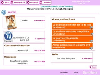 INICIO

PRESENTACIÓN

RECURSOS

HISTORIA DE ESPAÑA
TEMA 14

INTERNET

(Recursos Guerra Civil en Internet)
http://www.guerracivil1936.com/web/index.php

Internet
Carteles

IR A ESTA WEB

Vídeos y animaciones
La sublevación militar del 18 de julio
(Artehistoria)

La sublevación contra la república
(Artehistoria)
Documentos de la La
guerra civil

IR A ESTA WEB

(Artehistoria)

Armas extranjeras en la guerra civil

Cuestionario interactivo
La guerra civil

La guerra civil española

(Artehistoria)
IR A ESTA WEB

Webs
Miscelánea
Biografías, cronología,
canciones…

Los niños de la guerra

IR A ESTA WEB

IR A ESTA WEB

Seguir

ANTERIOR

SALIR

Santillana

 