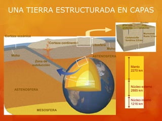 Litosfera
Moho
Zona de
subducción
ASTENOSFERA
MESOSFERA
ASTENOSFERA
Corteza continental
Corteza oceánica
Moho
Manto Núcleo
externo Núcleo
interno
Carletonville
Suráfrica 3,8 km
Murmansk
Rusia 12 km
Mina más
profunda
Sondeo
más
profundo
Moho
Manto
2270 km
Núcleo externo
2885 km
Núcleo interno
1216 km
UNA TIERRA ESTRUCTURADA EN CAPAS
 