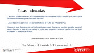 Tasas indexadas
• Las tasas indexadas tienen un componente fijo denominado spread o margen y un componente
variable representado por el índice de mercado.
• Los índices mas comunes son de tasa flotante (DTF, IBR) e inflación (IPC).
•Cuando la tasa de referencia o el índice esta expresado de manera nominal, se debe sumar el
spread. Cuando la tasa de referencia o el índice esta expresado en términos efectivos, se debe
“componer” o ponderar el spread.
𝑇𝑎𝑠𝑎 𝐼𝑛𝑑𝑒𝑥𝑎𝑑𝑎 = 𝑇𝑎𝑠𝑎 𝑖𝑛𝑑𝑖𝑐𝑒 + 𝑀𝑎𝑟𝑔𝑒𝑛
𝑇𝑎𝑠𝑎 𝐼𝑛𝑑𝑒𝑥𝑎𝑑𝑎 = 1 + 𝑡𝑎𝑠𝑎 𝑖𝑛𝑑𝑖𝑐𝑒 ∗ 1 + 𝑡𝑎𝑠𝑎 𝑚𝑎𝑟𝑔𝑒𝑛 − 1
 