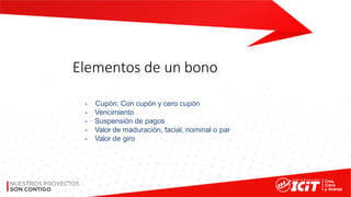 Elementos de un bono
- Cupón: Con cupón y cero cupón
- Vencimiento
- Suspensión de pagos
- Valor de maduración, facial, nominal o par
- Valor de giro
 