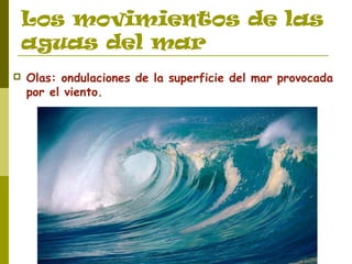 Los movimientos de las 
aguas del mar 
 Olas: ondulaciones de la superficie del mar provocada 
por el viento. 
 