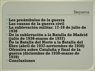 Los preámbulos de la guerra Las causas de la guerra civil La sublevación militar. 17-18 de julio de 1936 De la sublevación a la Batalla de Madrid (julio de 1936-marzo de 1937) De la Batalla del Norte a la Batalla del Ebro (abril de 1937-noviembre de 1938) Ofensiva sobre Cataluña y final de la guerra (diciembre de 1938-marzo de 1939) Conclusiones 