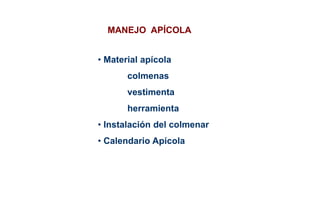 • Material apícola
colmenas
vestimenta
herramienta
• Instalación del colmenar
• Calendario Apícola
MANEJO APÍCOLA
 