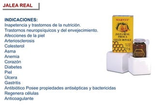 JALEA REAL
INDICACIONES:
Inapetencia y trastornos de la nutrición.
Trastornos neuropsíquicos y del envejecimiento.
Afecciones de la piel
Arteriosclerosis
Colesterol
Asma
Anemia
Corazón
Diabetes
Piel
Úlcera
Gastritis
Antibiótico Posee propiedades antisépticas y bactericidas
Regenera células
Anticoagulante
 