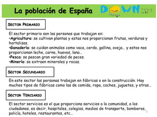 La población de España
SECTOR PRIMARIO

El sector primario son las personas que trabajan en:
•Agricultura: se cultivan plantas y estas nos proporcionan frutas, verduras y
hortalizas.
•Ganadería: se cuidan animales como vaca, cerdo, gallina, oveja… y estos nos
proporcionan leche, carne, huevos, lana…
•Pesca: se pescan gran variedad de peces.
•Minería: se extraen minerales y rocas.

SECTOR SECUNDARIO

En este sector las personas trabajan en fábricas o en la construcción. Hay
muchos tipos de fábricas como las de comida, ropa, coches, juguetes, y otras…

SECTOR TERCIARIO

El sector servicios es el que proporciona servicios a la comunidad, a los
ciudadanos, es decir, hospitales, colegios, medios de transporte, bomberos,
policía, hoteles, restaurantes, etc…
                                                                            6
 