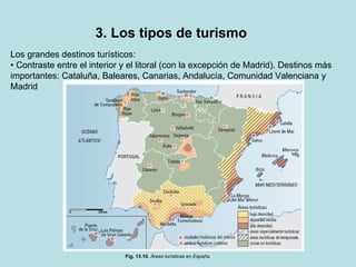 3. Los tipos de turismo Los grandes destinos turísticos: •  Contraste entre el interior y el litoral (con la excepción de Madrid). Destinos más importantes: Cataluña, Baleares, Canarias, Andalucía, Comunidad Valenciana y Madrid Fig. 13.10.  Áreas turísticas en España. 