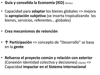 • Guía y consolida la Economía (IED) (Nuñez)
• Capacidad para adaptar los bienes globales => mejora
la apropiación subjetiva (se inserta tropicalizando los
bienes, servicios, referentes… globales)
• Crea mecanismos de retención
• ↑ Participación => concepto de “Desarrollo” se basa
en la gente
• Refuerza el proyecto común y relación con exterior
(Conexión Identidad colectiva y decisiones) (Ojeda) =>
Capacidad impactar en el Sistema internacional
 