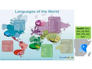 Swahili: Tanz,
Ken, Ug, Moz,
RDC, Rua, Bur,
Som.
 
