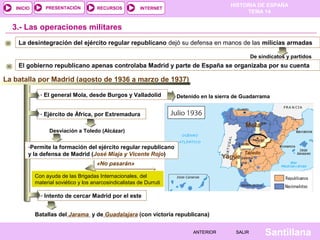 HISTORIA DE ESPAÑA
TEMA 14
RECURSOS INTERNETPRESENTACIÓN
Santillana
INICIO
SALIRSALIRANTERIORANTERIOR
La desintegración del ejército regular republicano dejó su defensa en manos de las milicias armadas
De sindicatos y partidos
3.- Las operaciones militares
La batalla por Madrid (agosto de 1936 a marzo de 1937)
- El general Mola, desde Burgos y Valladolid
Mola
Detenido en la sierra de Guadarrama
Yagüe
Toledo
- Ejército de África, por Extremadura
Desviación a Toledo (Alcázar)
-Permite la formación del ejército regular republicano
y la defensa de Madrid (José Miaja y Vicente Rojo)
«No pasarán»
Con ayuda de las Brigadas Internacionales, del
material soviético y los anarcosindicalistas de Durruti
- Intento de cercar Madrid por el este
Batallas del Jarama y de Guadalajara (con victoria republicana)
El gobierno republicano apenas controlaba Madrid y parte de España se organizaba por su cuenta
 
