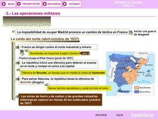 HISTORIA DE ESPAÑA
TEMA 14
RECURSOS INTERNETPRESENTACIÓN
Santillana
INICIO
SALIRSALIRANTERIORANTERIOR
La evolución de la guerraLa evolución de la guerra
La imposibilidad de ocupar Madrid provoca un cambio de táctica en Franco Iniciar una guerra
de desgaste
3.- Las operaciones militares
La caída del norte (abril-octubre de 1937)
- Franco se dirigió contra el norte industrial y minero
Bombardeo de Guernica (Legión Cóndor) DOC. 9
Franco ocupa el País Vasco (junio de 1937)
- La república inicia una ofensiva para detener el avance
en el norte y romper el cerco a la capital
Ofensiva de Brunete, un fracaso que no impide la caída de Santander
- Para salvar Asturias, la república lanza la ofensiva de
Belchite (Aragón)
Nueva derrota republicana y caída de todo el norte
Las minas de hierro y de carbón y las grandes industrias
siderúrgicas cayeron en manos de los sublevados (octubre
de 1937)
Las minas de hierro y de carbón y las grandes industrias
siderúrgicas cayeron en manos de los sublevados (octubre
de 1937)
 