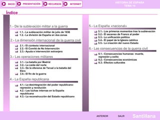 HISTORIA DE ESPAÑA
TEMA 14
RECURSOS INTERNETPRESENTACIÓN
Santillana
INICIO
SALIRSALIRANTERIORANTERIOR
1.- De la sublevación militar a la guerra
1.1.- La sublevación militar de julio de 1936
1.2.- La división de España en dos zonas
2.- La dimensión internacional de la guerra civil
2.1.- El contexto internacional
2.2.- El Comité de No Intervención
2.3.- Ayuda e intervención extranjera
3.- Las operaciones militares
3.1.- La batalla por Madrid
3.2.- La caída del norte
3.3.- De la ofensiva de Teruel a la batalla del
Ebro
3.4.- El fin de la guerra
Índice
4.- La España republicana
4.1.- La desintegración del poder republicano:
represión y revolución
4.2.- Las luchas internas en la España
republicana
4.3.- La reconstrucción del Estado republicano
5.- La España «nacional»
5.1.- Los primeros momentos tras la sublevación
5.2.- El ascenso de Franco al poder
5.3.- La unificación política
5.4.- El papel de la Iglesia católica
5.5.- La creación del nuevo Estado
6.- Las consecuencias de la guerra civil
6.1.- Consecuencias humanas: muerte,
represión y exilio
6.2.- Consecuencias económicas
6.3.- Efectos culturales
 
