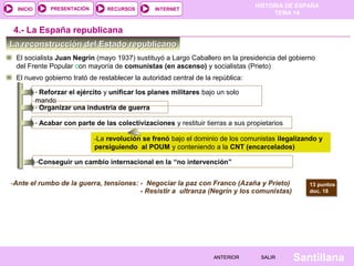 HISTORIA DE ESPAÑA
TEMA 14
RECURSOS INTERNETPRESENTACIÓN
Santillana
INICIO
SALIRSALIRANTERIORANTERIOR
La reconstrucción del Estado republicanoLa reconstrucción del Estado republicano
El socialista Juan Negrín (mayo 1937) sustituyó a Largo Caballero en la presidencia del gobierno
del Frente Popular con mayoría de comunistas (en ascenso) y socialistas (Prieto)
4.- La España republicana
El nuevo gobierno trató de restablecer la autoridad central de la república:
- Reforzar el ejército y unificar los planes militares bajo un solo
mando
- Organizar una industria de guerra
- Acabar con parte de las colectivizaciones y restituir tierras a sus propietarios
-La revolución se frenó bajo el dominio de los comunistas ilegalizando y
persiguiendo al POUM y conteniendo a la CNT (encarcelados)
-Conseguir un cambio internacional en la “no intervención”
13 puntos
doc. 18
13 puntos
doc. 18
 