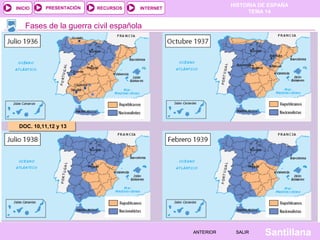 HISTORIA DE ESPAÑA
TEMA 14
RECURSOS INTERNETPRESENTACIÓN
Santillana
INICIO
SALIRSALIRANTERIORANTERIOR
Fases de la guerra civil española
DOC. 10,11,12 y 13DOC. 10,11,12 y 13
 
