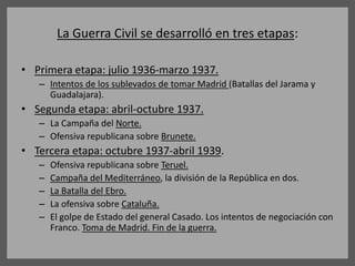 La Guerra Civil se desarrolló en tres etapas:
• Primera etapa: julio 1936-marzo 1937.
– Intentos de los sublevados de tomar Madrid (Batallas del Jarama y
Guadalajara).
• Segunda etapa: abril-octubre 1937.
– La Campaña del Norte.
– Ofensiva republicana sobre Brunete.
• Tercera etapa: octubre 1937-abril 1939.
– Ofensiva republicana sobre Teruel.
– Campaña del Mediterráneo, la división de la República en dos.
– La Batalla del Ebro.
– La ofensiva sobre Cataluña.
– El golpe de Estado del general Casado. Los intentos de negociación con
Franco. Toma de Madrid. Fin de la guerra.
 