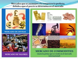 Mercados que se asemejan a la competencia perfecta,
debido a que el precio se determina en el mercado

MERCADO DE DIVISAS

MERCADO DE COMMODITIES
MERCADO DE VALORES

(materia prima que se vende en el mercado
internacional)

 