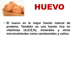 HUEVO
• El huevo es la mejor fuente natural de
proteína. También es una fuente rica en
vitaminas (A,D,E,K), minerales y otros
micronutrientes como carotenoides y colina.
 