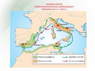 GUERRAS PÚNICAS
ENFRENTAMIENTOS ENTRE CARTAGINENSES Y
ROMANOS( 264 a. C- 146ª.C.)
 