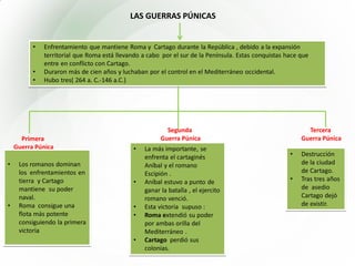 LAS GUERRAS PÚNICAS
• Enfrentamiento que mantiene Roma y Cartago durante la República , debido a la expansión
territorial que Roma está llevando a cabo por el sur de la Península. Estas conquistas hace que
entre en conflicto con Cartago.
• Duraron más de cien años y luchaban por el control en el Mediterráneo occidental.
• Hubo tres( 264 a. C.-146 a.C.)
Primera
Guerra Púnica
• Los romanos dominan
los enfrentamientos en
tierra y Cartago
mantiene su poder
naval.
• Roma consigue una
flota más potente
consiguiendo la primera
victoria
Segunda
Guerra Púnica
Tercera
Guerra Púnica
• La más importante, se
enfrenta el cartaginés
Aníbal y el romano
Escipión .
• Aníbal estuvo a punto de
ganar la batalla , el ejercito
romano venció.
• Esta victoria supuso :
• Roma extendió su poder
por ambas orilla del
Mediterráneo .
• Cartago perdió sus
colonias.
• Destrucción
de la ciudad
de Cartago.
• Tras tres años
de asedio
Cartago dejó
de existir.
 
