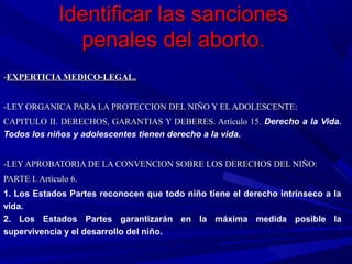 Identificar las sancionesIdentificar las sanciones
penales del aborto.penales del aborto.
--EXPERTICIA MEDICO-LEGAL.EXPERTICIA MEDICO-LEGAL.
-LEY ORGANICA PARA LA PROTECCION DEL NIÑO Y EL ADOLESCENTE:-LEY ORGANICA PARA LA PROTECCION DEL NIÑO Y EL ADOLESCENTE:
CAPITULO II. DERECHOS, GARANTIAS Y DEBERES. Artículo 15.CAPITULO II. DERECHOS, GARANTIAS Y DEBERES. Artículo 15. Derecho a la Vida.
Todos los niños y adolescentes tienen derecho a la vida.
-LEY APROBATORIA DE LA CONVENCION SOBRE LOS DERECHOS DEL NIÑO:-LEY APROBATORIA DE LA CONVENCION SOBRE LOS DERECHOS DEL NIÑO:
PARTE I. Artículo 6.PARTE I. Artículo 6.
1. Los Estados Partes reconocen que todo niño tiene el derecho intrínseco a la
vida.
2. Los Estados Partes garantizarán en la máxima medida posible la
supervivencia y el desarrollo del niño.
 