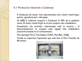 6.1 Producció industrial a Catalunya A Catalunya els sector més representatius són: tèxtil, metal·lúrgic, químic, agroalimentari i del paper. Al 2008 la indústria ocupava a Catalunya el 20% de la població activa. El sector metal·lúrgic és el que ocupava més treballadors. Actualment, les activitats relacionades amb la recerca i el desenvolupament va ocupant cada vegada més treballadors (economia basada en el coneixement). Han aparegut Parcs Tecnològics (Vallès, Mas Blau, 22@) També es important l’aportació que està fent el Parc Científic de Barcelona. 