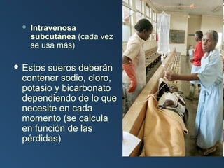 

Intravenosa
subcutánea (cada vez
se usa más)

 Estos

sueros deberán
contener sodio, cloro,
potasio y bicarbonato
dependiendo de lo que
necesite en cada
momento (se calcula
en función de las
pérdidas)

 