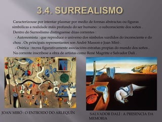 Caracterizouse por intentar plasmar por medio de formas abstractas ou figuras
simbólicas a realidade máis profunda do ser humano : o subconsciente dos soños .
Dentro do Surreslismo distínguense dúas correntes :
- Autonomista : que reproduce o universo dos símbolos xurdidos do inconsciente e do
chou . Os principais representantes son André Masson e Joan Miró .
- Onírica : recrea figurativamente asociacións estrañas propias do mundo dos soños .
Na corrente inscríbese a obra de artistas como René Magritte e Salvador Dalí .
JOAN MIRÓ : O ENTROIDO DO ARLEQUÍN SALVADOR DALÍ : A PRESENCIA DA
MEMORIA
 