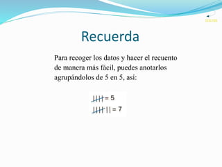 Recuerda
Para recoger los datos y hacer el recuento
de manera más fácil, puedes anotarlos
agrupándolos de 5 en 5, así:
VOLVER
 