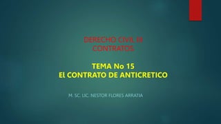 DERECHO CIVIL III
CONTRATOS
TEMA No 15
El CONTRATO DE ANTICRETICO
M. SC. LIC. NESTOR FLORES ARRATIA
 