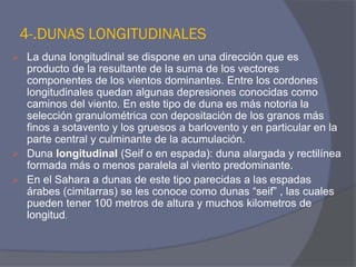 4-.DUNAS LONGITUDINALES 
La duna longitudinal se dispone en una dirección que es producto de la resultante de la suma de los vectores componentes de los vientos dominantes. Entre los cordones longitudinales quedan algunas depresiones conocidas como caminos del viento. En este tipo de duna es más notoria la selección granulométrica con depositación de los granos más finos a sotavento y los gruesos a barlovento y en particular en la parte central y culminante de la acumulación. 
Duna longitudinal (Seif o en espada): duna alargada y rectilínea formada más o menos paralela al viento predominante. 
En el Sahara a dunas de este tipo parecidas a las espadas árabes (cimitarras) se les conoce como dunas “seif” , las cuales pueden tener 100 metros de altura y muchos kilometros de longitud.  