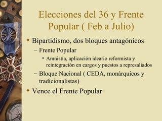 Elecciones del 36 y Frente
      Popular ( Feb a Julio)
 Bipartidismo, dos bloques antagónicos
  – Frente Popular
     • Amnistía, aplicación ideario reformista y
       reintegración en cargos y puestos a represaliados
  – Bloque Nacional ( CEDA, monárquicos y
    tradicionalistas)
 Vence el Frente Popular
 