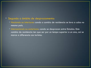 • Segundo o ámbito de desprazamento:
  • Nacionais ou interiores: cando o cambio de residencia se leva a cabo no
    mesmo país.
  • Internacionais ou exteriores: cando se desprazan entre Estados. Este
    cambio de residencia ten que ser por un tempo superior a un ano, así se
    marca a diferencia cos turistas.
 