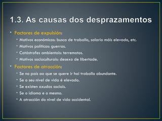 • Factores de expulsión:
  •   Motivos económicos: busca de traballo, salario máis elevado, etc.
  •   Motivos políticos: guerras.
  •   Catástrofes ambientais: terremotos.
  •   Motivos socioculturais: desexo de libertade.
• Factores de atracción:
  •   Se no país ao que se quere ir hai traballo abundante.
  •   Se o seu nivel de vida é elevado.
  •   Se existen axudas sociais.
  •   Se o idioma e o mesmo.
  •   A atracción do nivel de vida occidental.
 