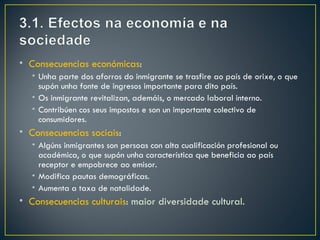 • Consecuencias económicas:
   • Unha parte dos aforros do inmigrante se trasfire ao país de orixe, o que
     supón unha fonte de ingresos importante para dito país.
   • Os inmigrante revitalizan, ademáis, o mercado laboral interno.
   • Contribúen cos seus impostos e son un importante colectivo de
     consumidores.
• Consecuencias sociais:
   • Algúns inmigrantes son persoas con alta cualificación profesional ou
     académica, o que supón unha característica que beneficia ao país
     receptor e empobrece ao emisor.
   • Modifica pautas demográficas.
   • Aumenta a taxa de natalidade.
• Consecuencias culturais: maior diversidade cultural.
 