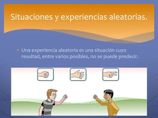  Una experiencia aleatoria es una situación cuyo
resultad, entre varios posibles, no se puede predecir.
Situaciones y experiencias aleatorias.
 