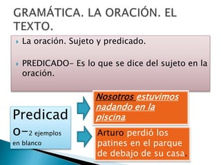  La oración. Sujeto y predicado.
 PREDICADO- Es lo que se dice del sujeto en la
oración.
Predicad
o-2 ejemplos
en blanco
Nosotros estuvimos
nadando en la
piscina.
Arturo perdió los
patines en el parque
de debajo de su casa.
 