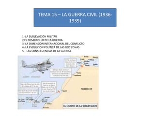 TEMA 15 – LA GUERRA CIVIL (1936-
1939)
1- LA SUBLEVACIÓN MILITAR
2 EL DESARROLLO DE LA GUERRA
3- LA DIMENSIÓN INTERNACIONAL DEL CONFLICTO
4- LA EVOLUCIÓN POLÍTICA DE LAS DOS ZONAS
5 – LAS CONSECUENCIAS DE LA GUERRA
 