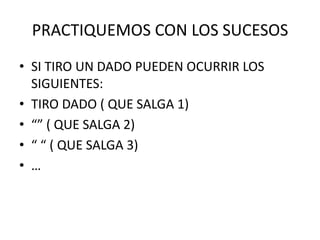 PRACTIQUEMOS CON LOS SUCESOS
• SI TIRO UN DADO PUEDEN OCURRIR LOS
  SIGUIENTES:
• TIRO DADO ( QUE SALGA 1)
• “” ( QUE SALGA 2)
• “ “ ( QUE SALGA 3)
• …
 