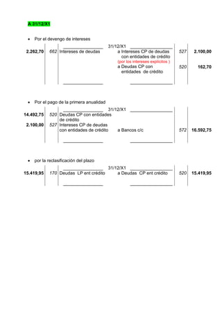 A 31/12/X1


    Por el devengo de intereses
                  ________________         31/12/X1 _________________
 2.262,70   662 Intereses de deudas            a Intereses CP de deudas          527    2.100,00
                                                 con entidades de crédito
                                               (por los intereses explícitos )
                                               a Deudas CP con                   520     162,70
                                                 entidades de crédito

                    ________________                  _________________



    Por el pago de la primera anualidad
                  ________________ 31/12/X1 _________________
14.492,75   520 Deudas CP con entidades
                de crédito
 2.100,00   527 Intereses CP de deudas
                con entidades de crédito a Bancos c/c                            572   16.592,75

                    ________________                  _________________



    por la reclasificación del plazo
                 ________________ 31/12/X1 _________________
15.419,95   170 Deudas LP ent crédito a Deudas CP ent crédito                    520   15.419,95

                    ________________                  _________________
 