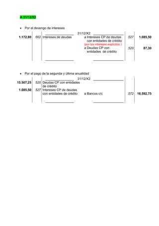 A 31/12/X2


    Por el devengo de intereses
                  ________________       31/12/X2 _________________
 1.172,80   662 Intereses de deudas          a Intereses CP de deudas          527    1.085,50
                                               con entidades de crédito
                                             (por los intereses explícitos )
                                             a Deudas CP con                   520      87,30
                                               entidades de crédito

                   ________________                 _________________



    Por el pago de la segunda y última anualidad
                  ________________ 31/12/X2 _________________
15.507,25   520 Deudas CP con entidades
                de crédito
 1.085,50   527 Intereses CP de deudas
                con entidades de crédito a Bancos c/c                          572   16.592,75

                   ________________                 _________________
 