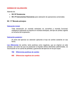 NORMAS DE VALORACIÓN

Además de:
      NV.10ª Existencias
      NV. 9ª Instrumentos financieros para valoración de operaciones comerciales

NV. 11ª Moneda extranjera


Valoración inicial:
       Toda transacción en moneda extranjera se convertirá a moneda funcional,
       mediante la aplicación al importe en moneda extranjera, del tipo de cambio vigente
       en la fecha de la operación.


Valoración posterior:
       Al cierre del ejercicio se valorarán aplicando el tipo de cambio existente en esa
       fecha.

Las diferencias de cambio, tanto positivas como negativas, que se originen en este
proceso, así como las que se produzcan al liquidar dichos elementos patrimoniales, se
reconocerán en la cuenta de pérdidas y ganancias del ejercicio en el que surjan:

       768   Diferencias positivas de cambio

       668   Diferencias negativas de cambio
 