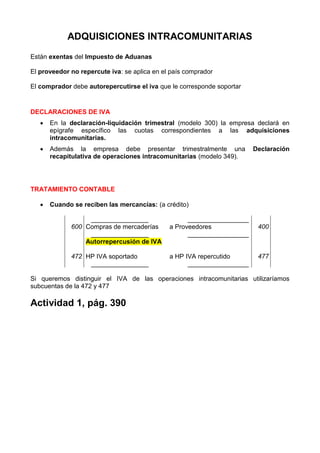 ADQUISICIONES INTRACOMUNITARIAS
Están exentas del Impuesto de Aduanas

El proveedor no repercute iva: se aplica en el país comprador

El comprador debe autorepercutirse el iva que le corresponde soportar


DECLARACIONES DE IVA
      En la declaración-liquidación trimestral (modelo 300) la empresa declará en
       epígrafe específico las cuotas correspondientes a las adquisiciones
       intracomunitarias.
      Además la empresa debe presentar trimestralmente una             Declaración
       recapitulativa de operaciones intracomunitarias (modelo 349).




TRATAMIENTO CONTABLE

      Cuando se reciben las mercancías: (a crédito)

                  ________________                  _________________
             600 Compras de mercaderías       a Proveedores              400
                  ________________                  _________________
                 Autorrepercusión de IVA

             472 HP IVA soportado             a HP IVA repercutido       477
                  ________________                  _________________

Si queremos distinguir el IVA de las operaciones intracomunitarias utilizaríamos
subcuentas de la 472 y 477

Actividad 1, pág. 390
 
